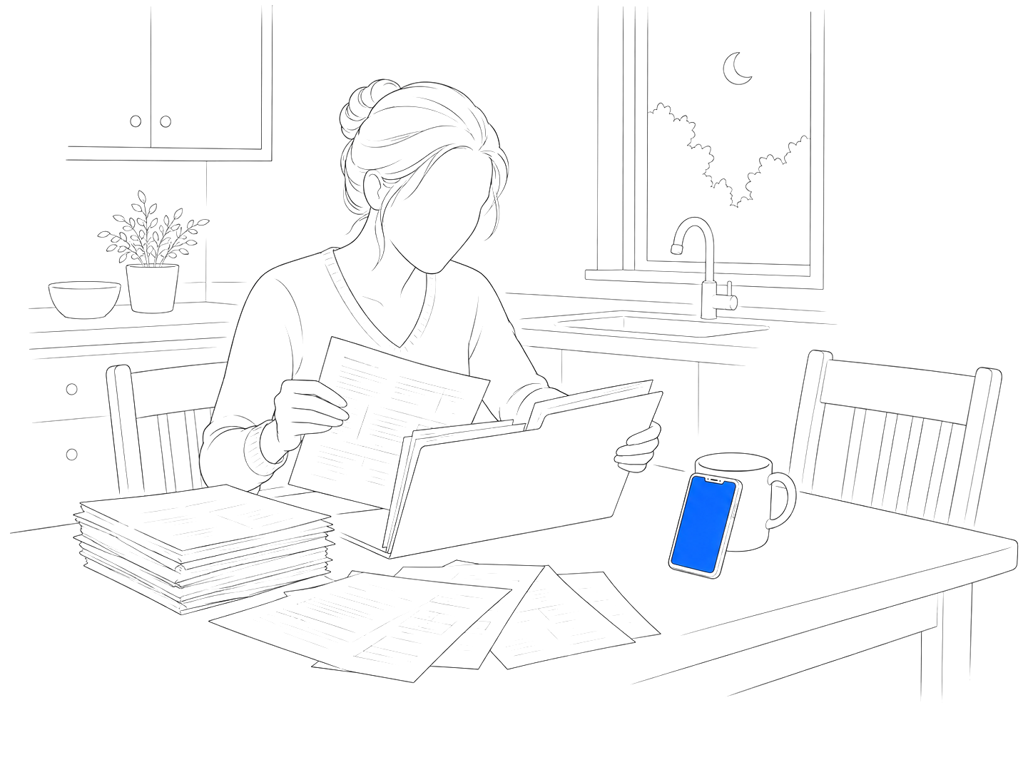 Line drawing of a woman at her kitchen table sorting hospital discharge papers into a folder, a phone propped beside her