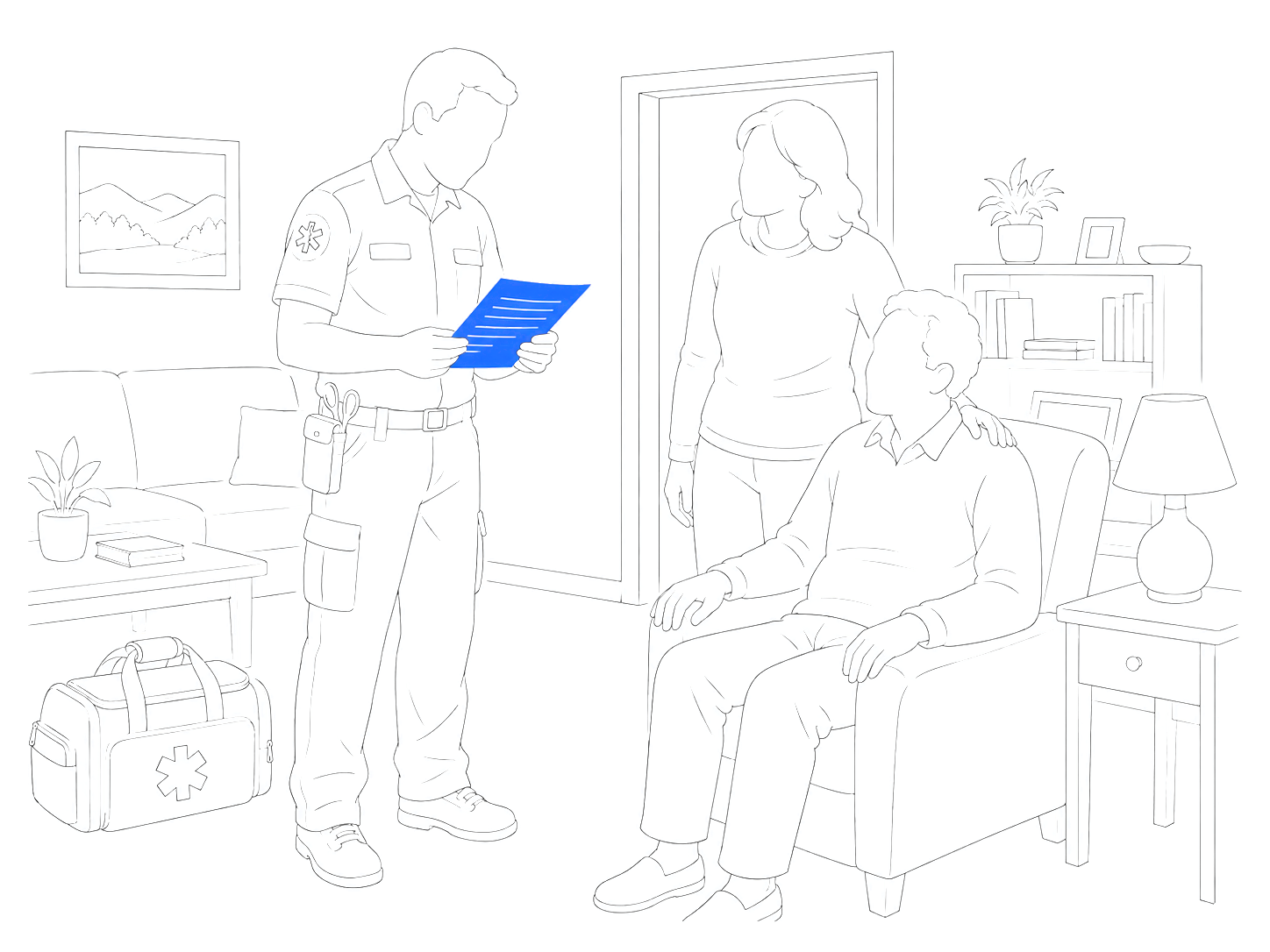 Line drawing of a paramedic in a living room reading a printed sheet while an adult daughter stands beside her seated father