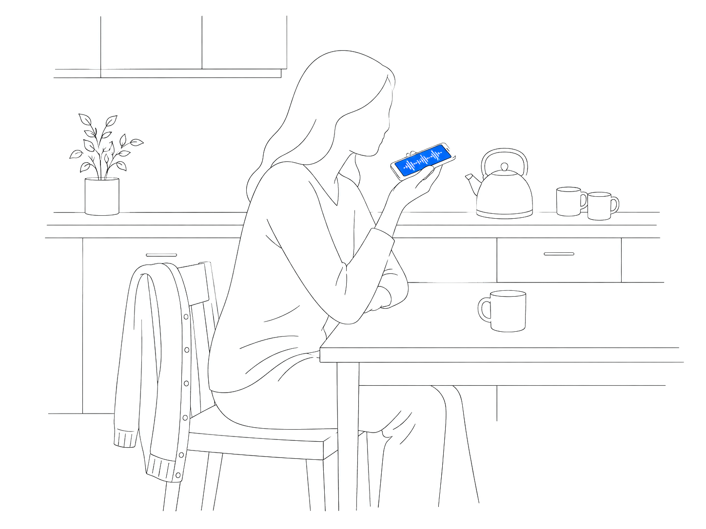 Line drawing of a woman sitting alone at a kitchen table in the evening, speaking a voice note into her phone