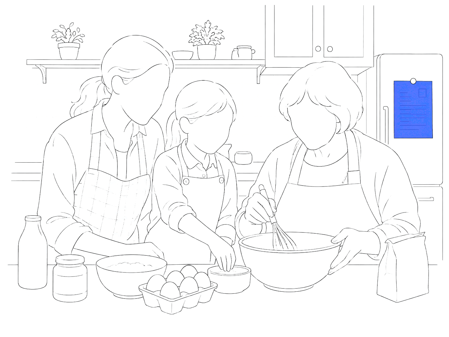 Line drawing of three generations of one family baking together at a kitchen counter, with an emergency sheet pinned to the refrigerator