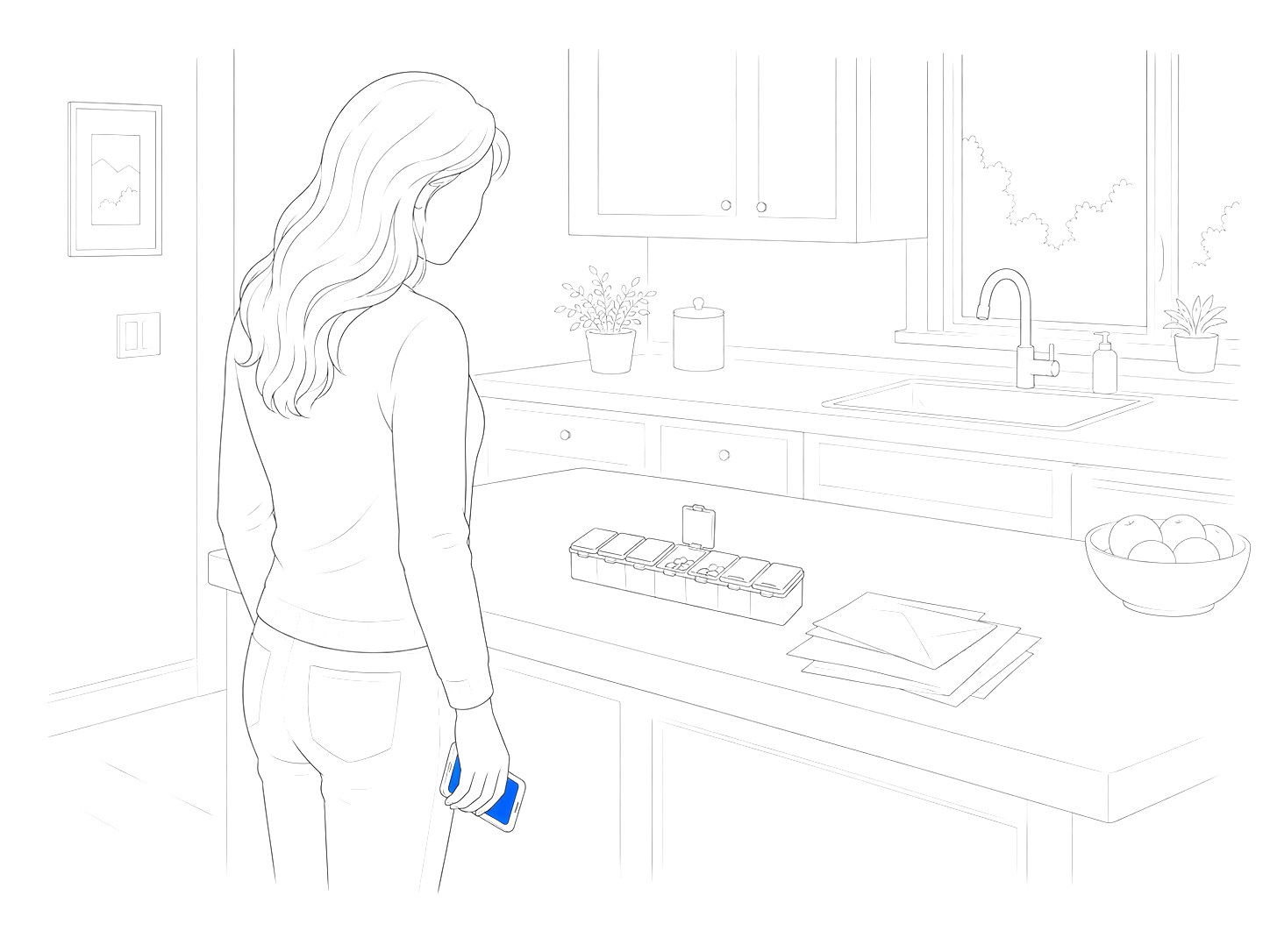Line drawing of an adult daughter in her mother's kitchen, noticing a full pill organizer and unopened mail on the counter