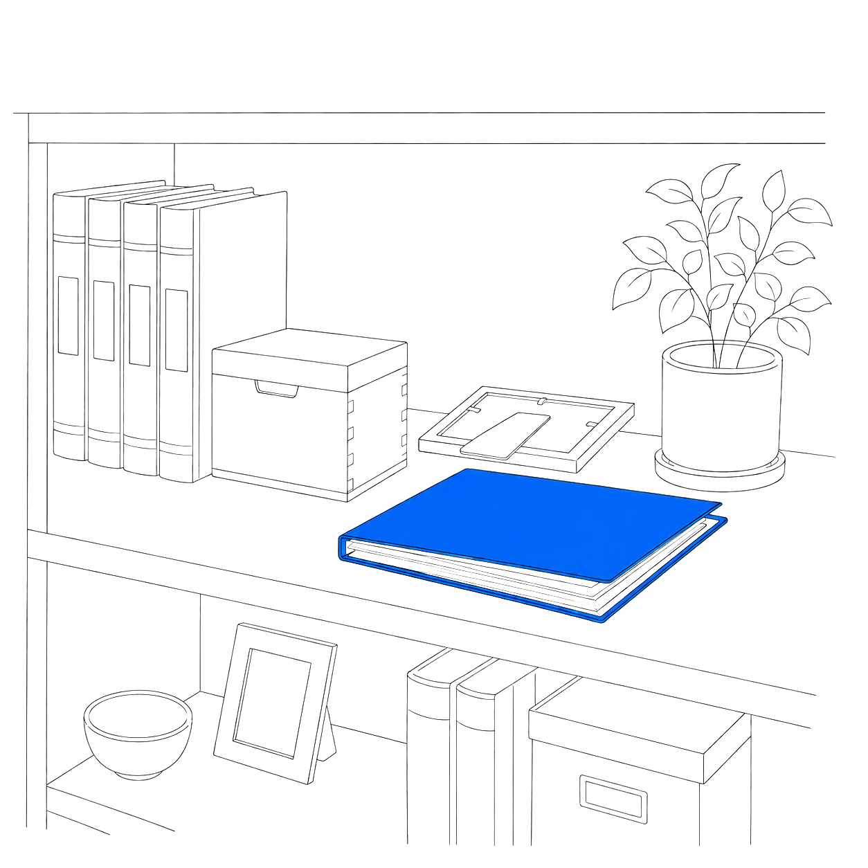 Line drawing of a home bookshelf holding photo albums, a recipe box, and a folder of printed pages