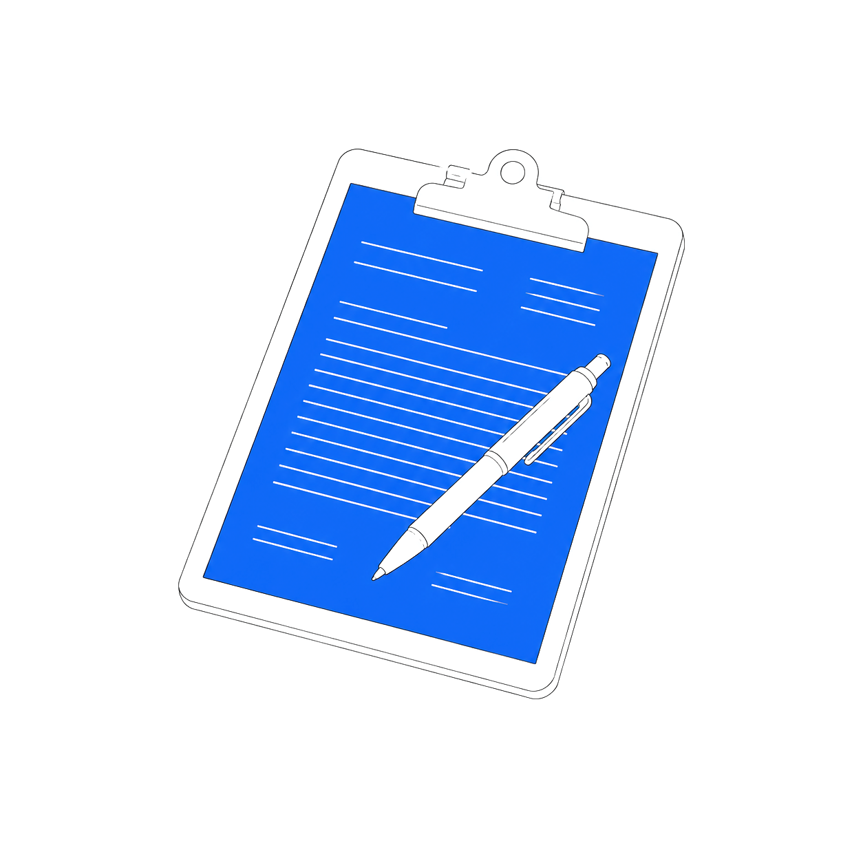 Line drawing of a clipboard holding a printed sheet with a pen resting across it