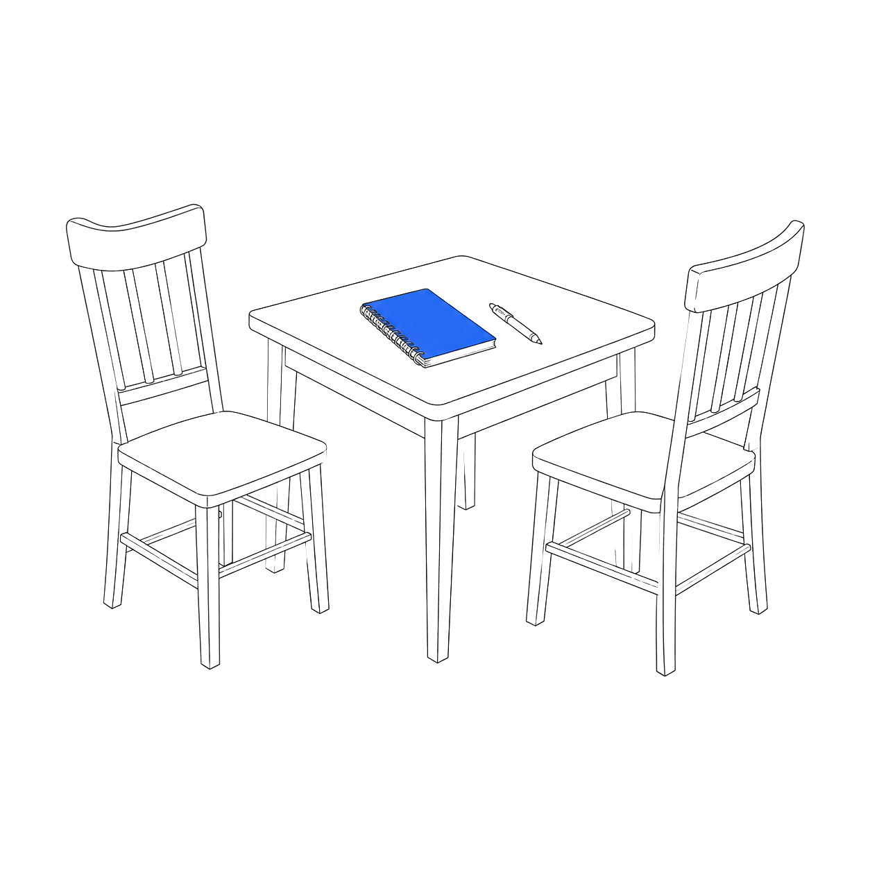 Line drawing of two chairs facing each other across a small table