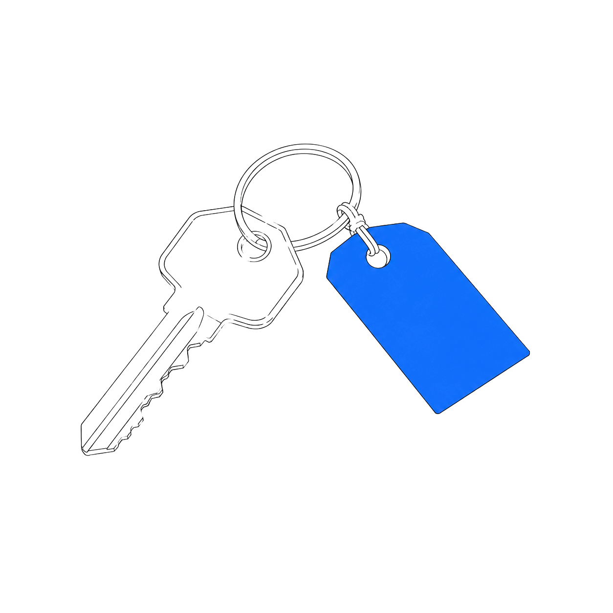 Line drawing of a house key with a blank paper name tag
