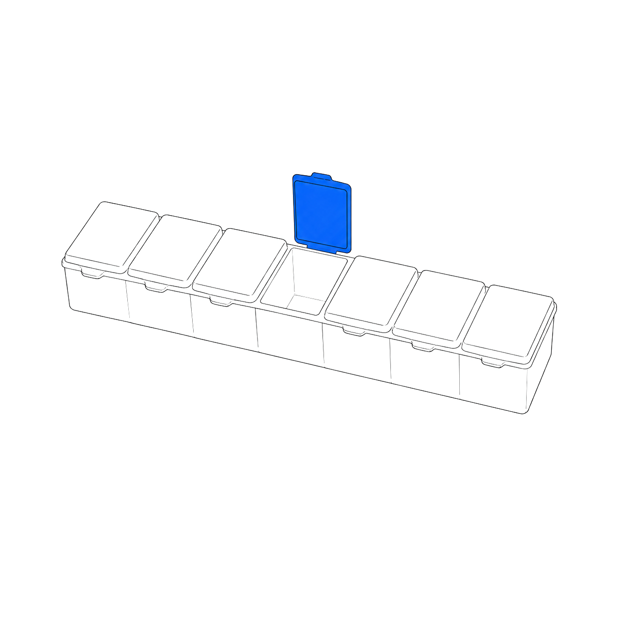 Line drawing of a weekly pill organizer with one compartment open